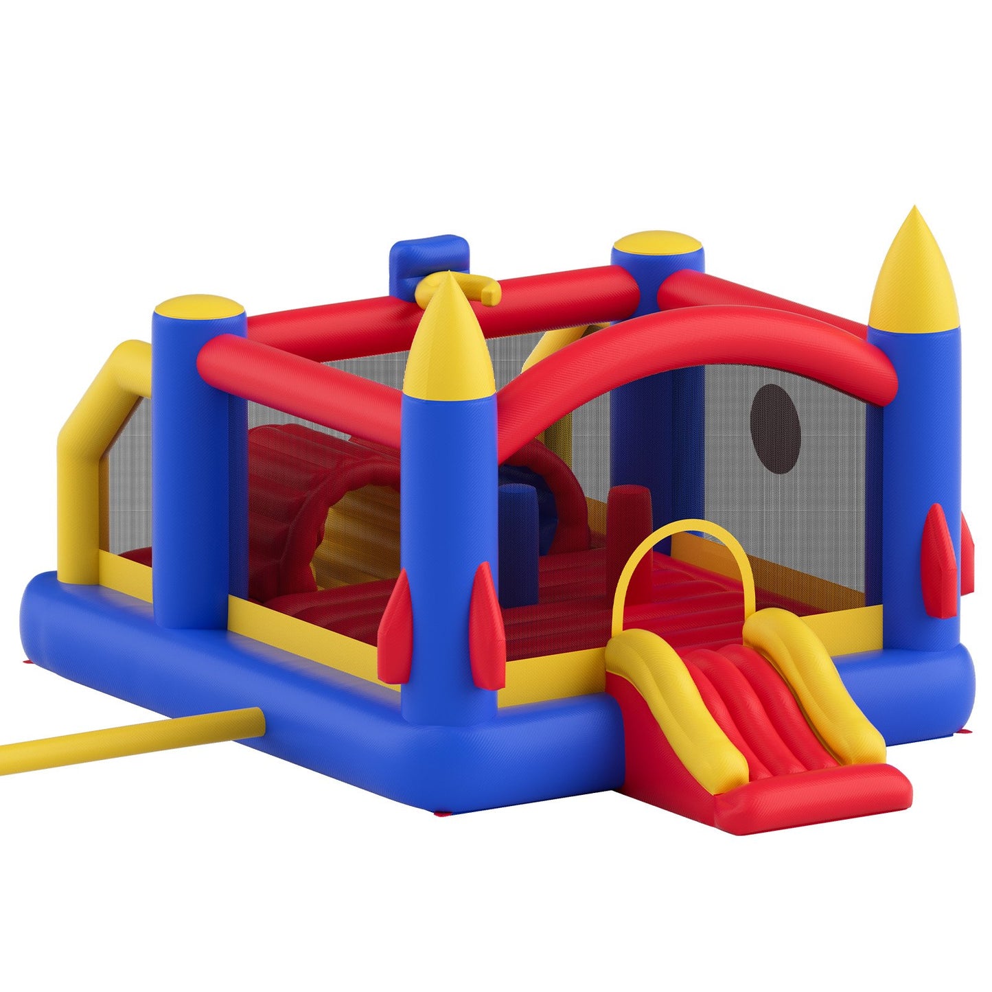 Rocket-themed bouncy castle with blue, yellow, and red design, inflatable slide, and interior obstacles for safe kids' play