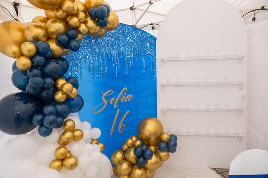Cup holder stand for event entrances with champagne glasses displayed on a wooden frame