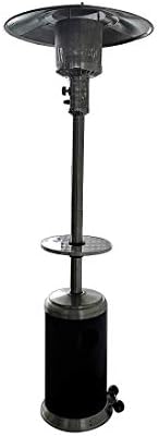 Outdoor propane tower heater warming a patio area at an evening event