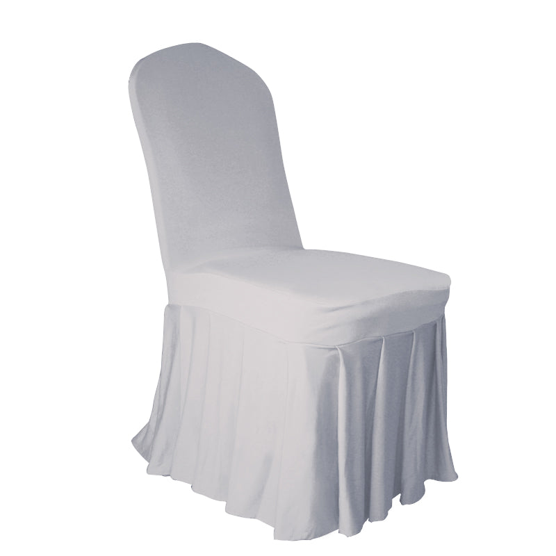 Skirt chair cover flat front in white stretch fabric for formal event seating