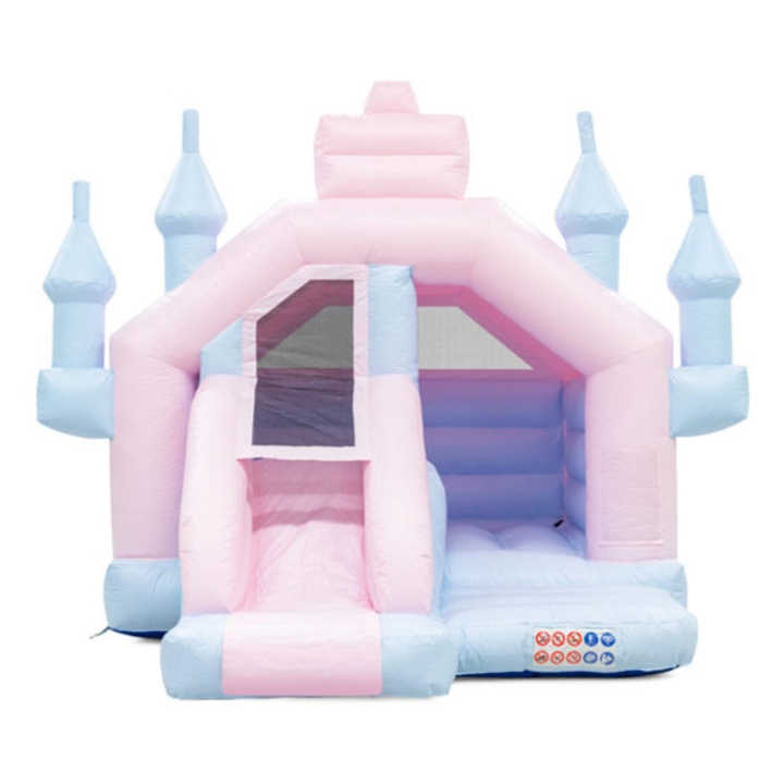 Princess bouncy castle with inflatable slide in pink and purple for birthday parties and girls’ events