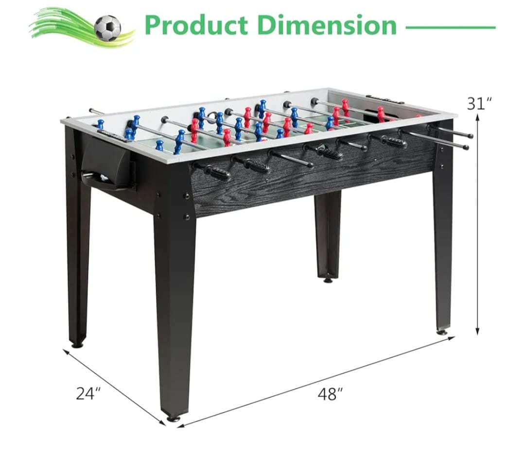 Foosball soccer table for events and parties, with players in action on a compact game board