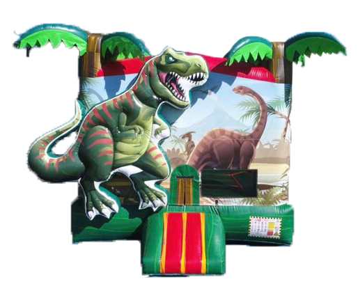 Dinosaur bouncy castle with inflatable slide and jungle design for kids’ birthday parties and events