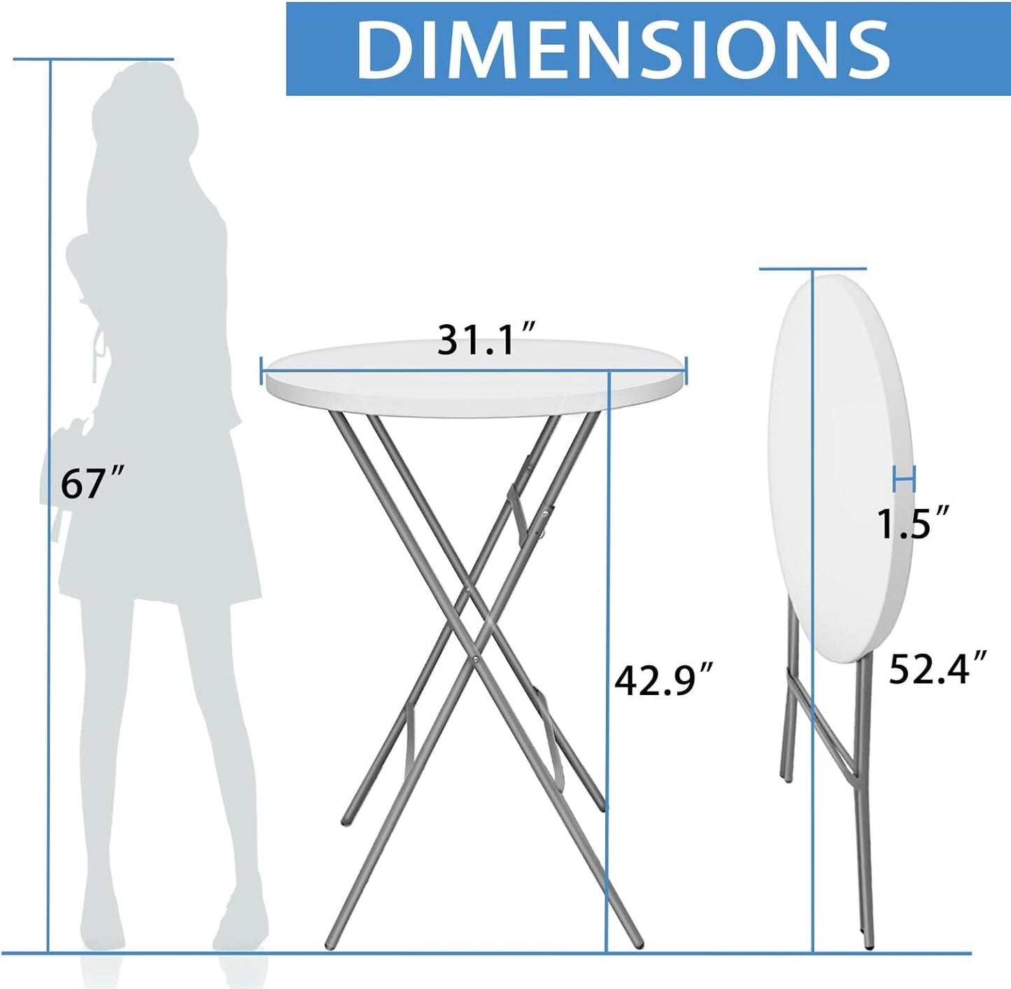 Cocktail folding table with round white plastic top and black folding legs for events and receptions