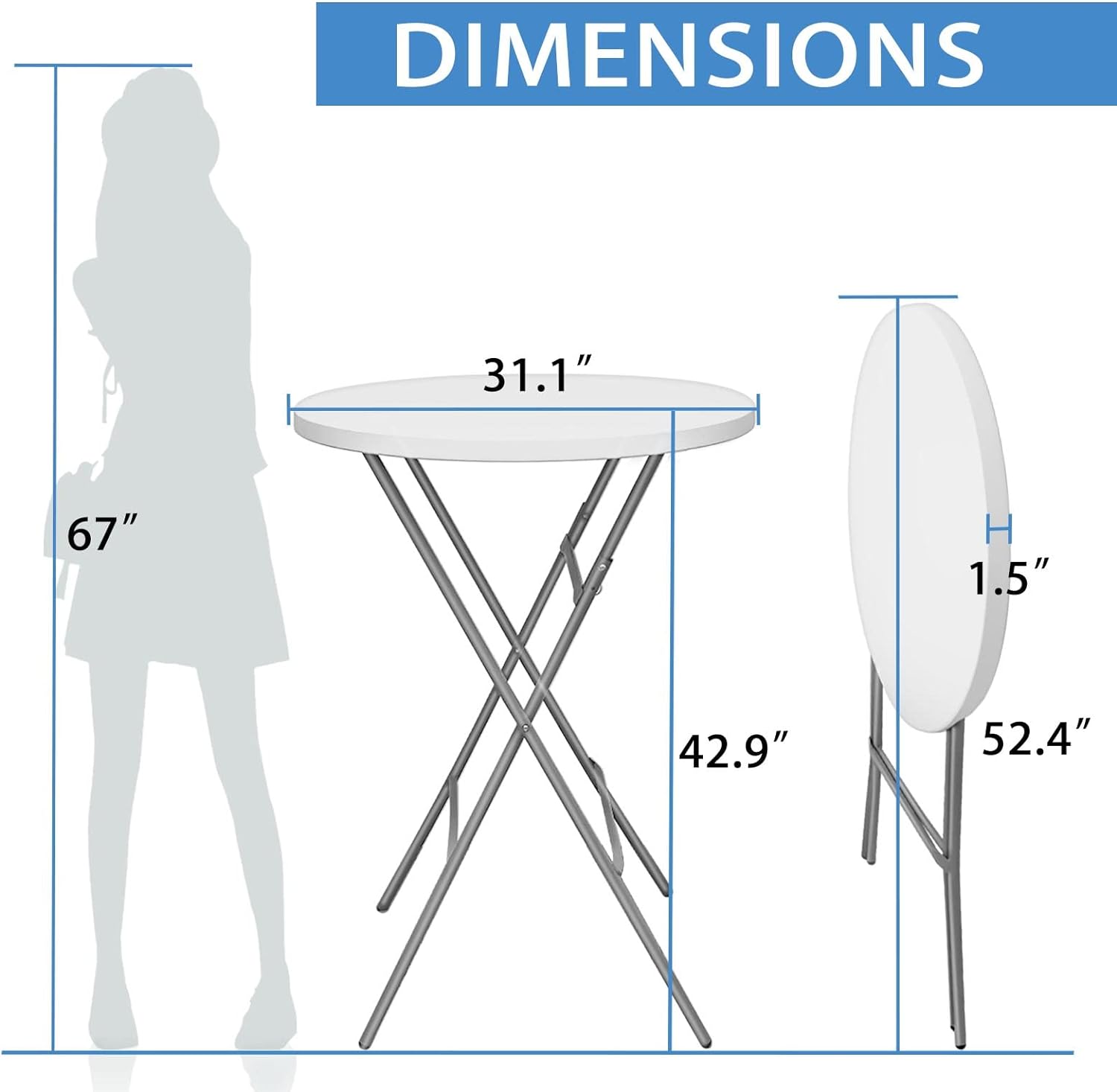 Cocktail folding table with round white plastic top and black folding legs for events and receptions
