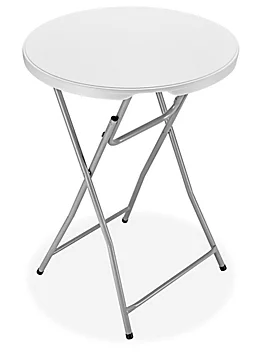Cocktail folding table with round white plastic top and black folding legs for events and receptions