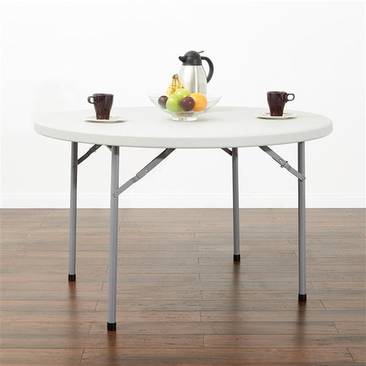 Round folding table with white plastic top and sturdy black metal legs for events