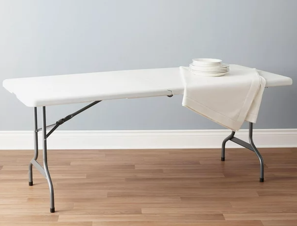 6 ft folding table with white plastic top and black metal frame for indoor and outdoor events