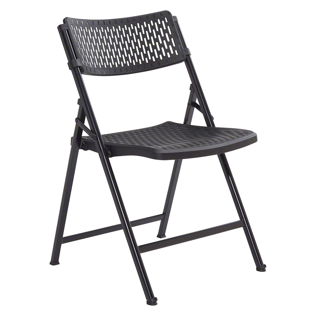 Folding black event chair with plastic seat and strong metal frame for indoor and outdoor use