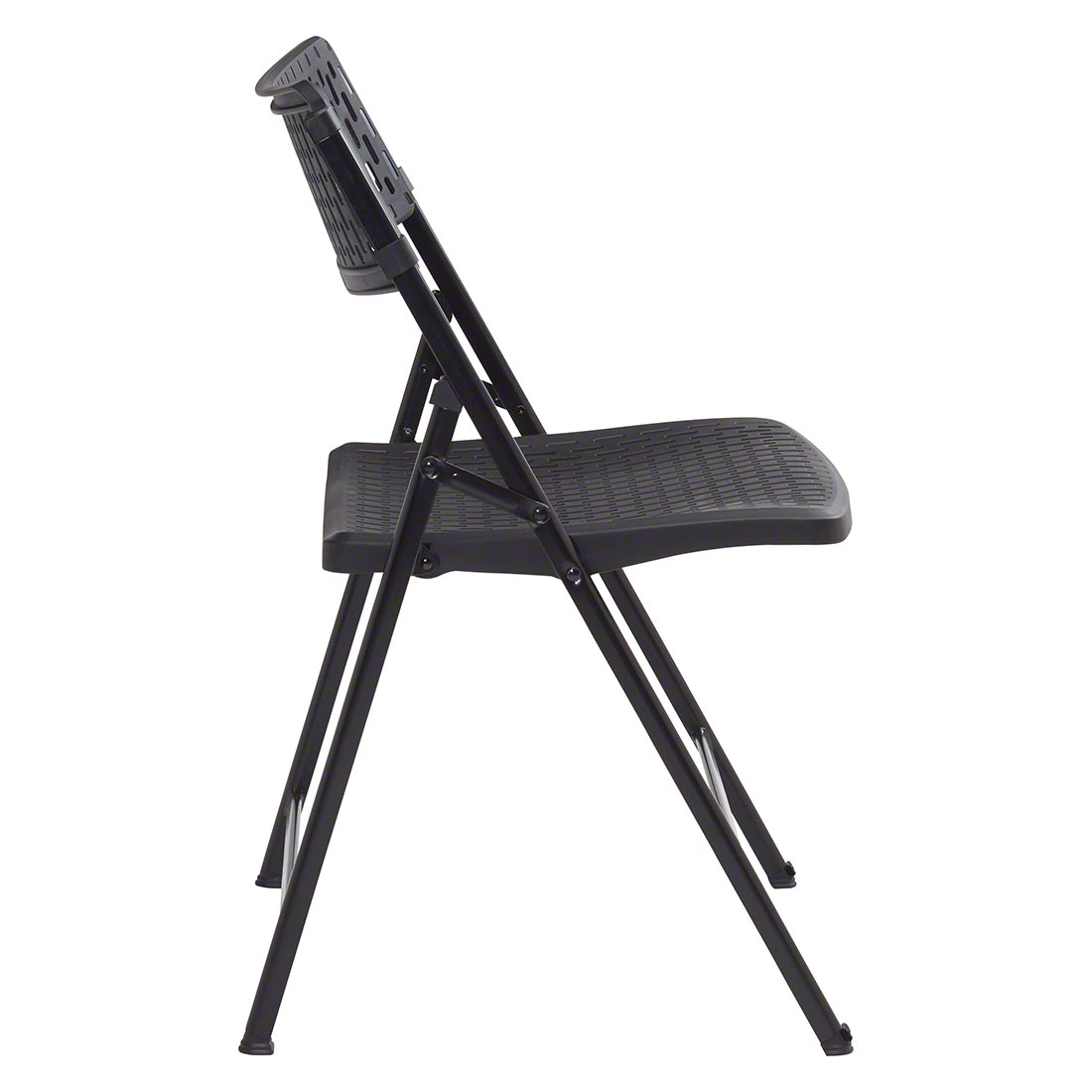 Folding black event chair with plastic seat and strong metal frame for indoor and outdoor use