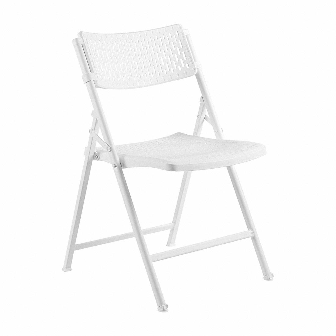 Folding white event chair with plastic seat and metal frame for indoor and outdoor seating