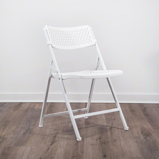 Folding white event chair with plastic seat and metal frame for indoor and outdoor seating
