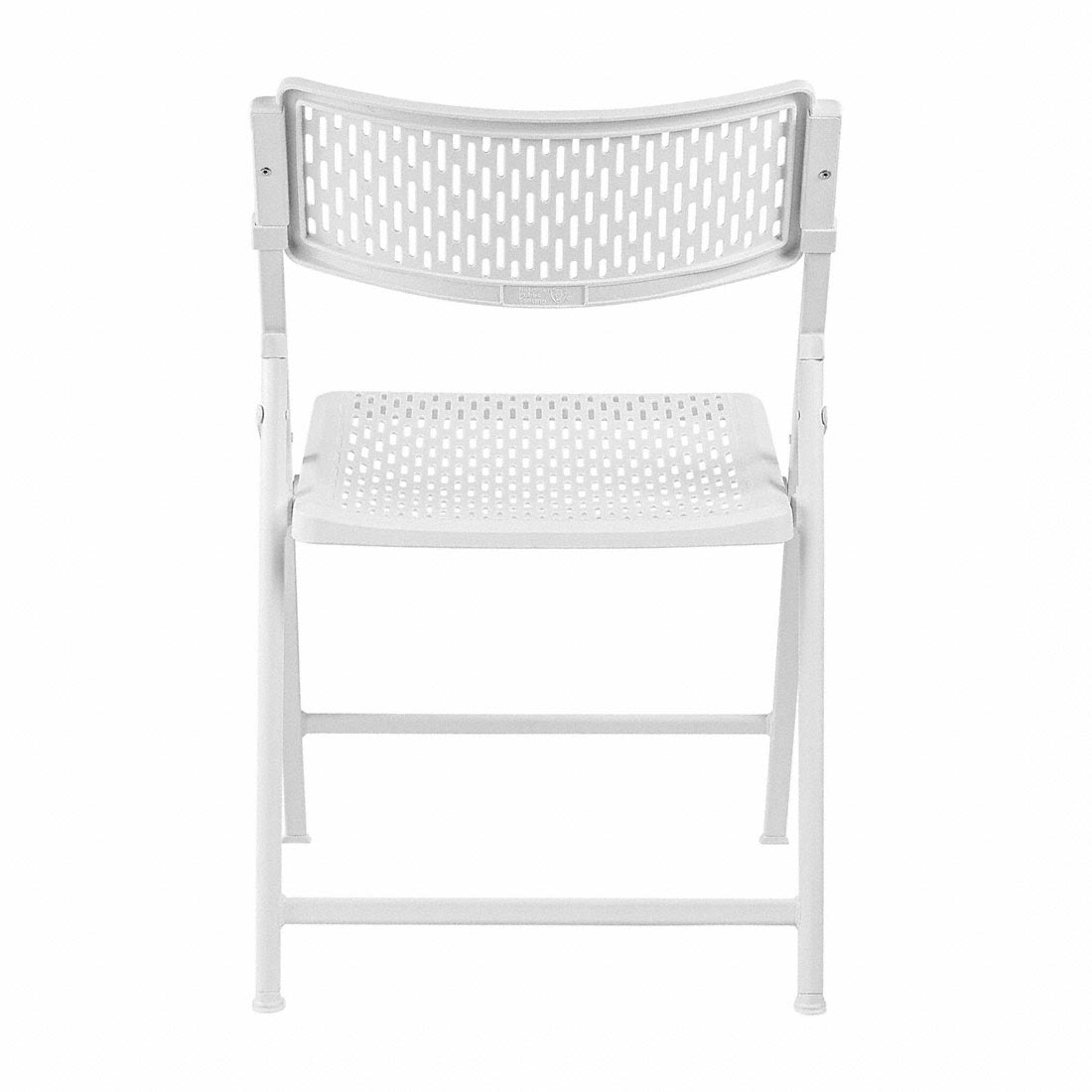 Folding white event chair with plastic seat and metal frame for indoor and outdoor seating