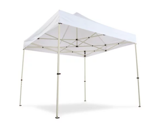 10x10 event tent canopy with white top and collapsible frame for outdoor setups