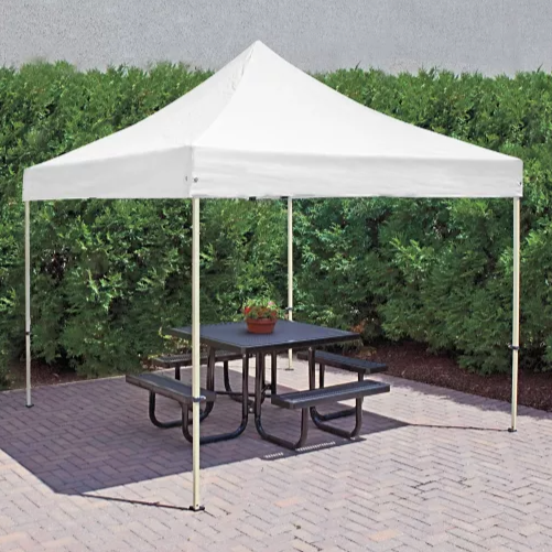10x10 event tent canopy with white top and collapsible frame for outdoor setups