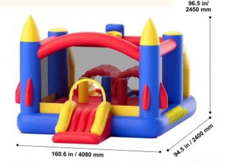 Rocket-themed bouncy castle with blue, yellow, and red design, inflatable slide, and interior obstacles for safe kids' play