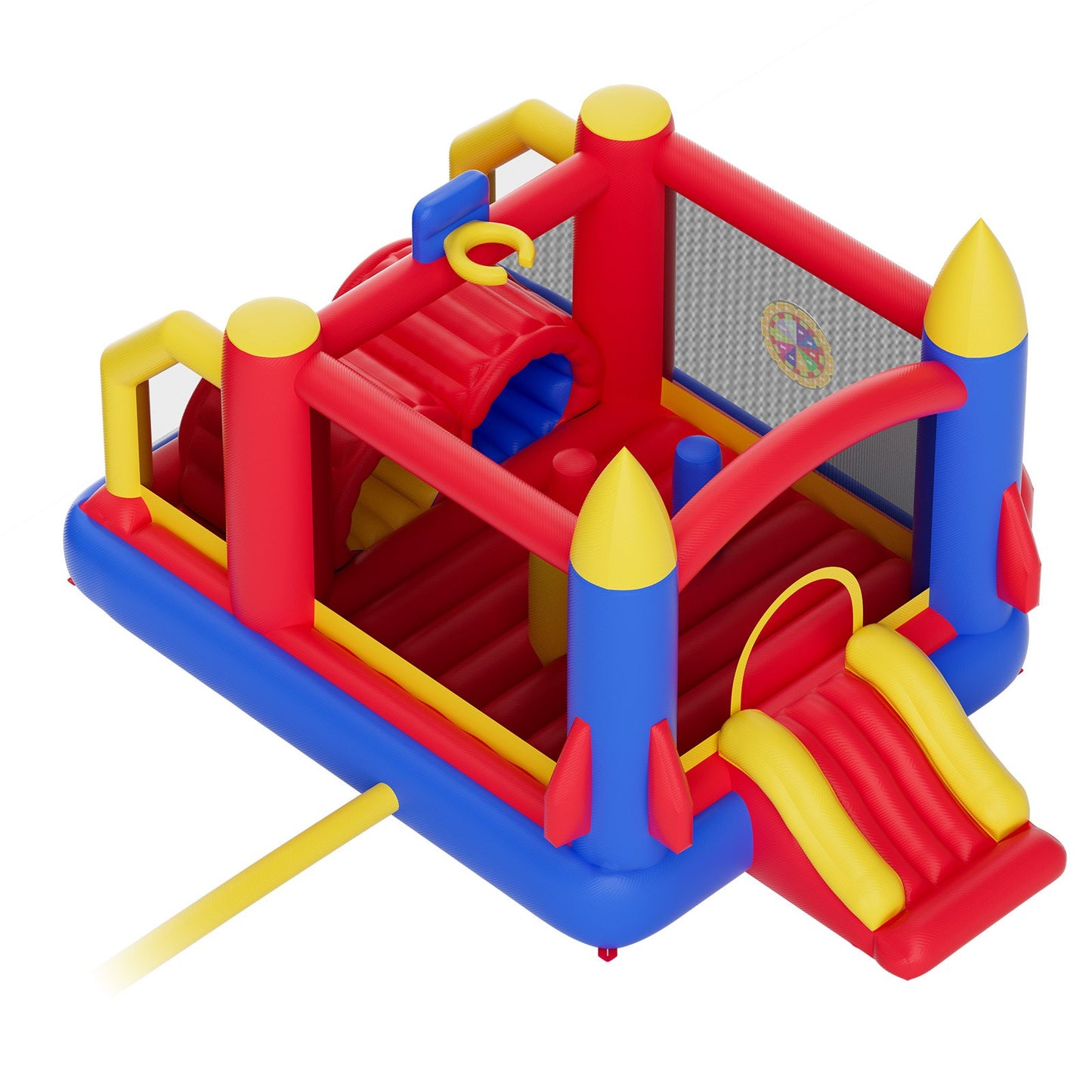 Rocket-themed bouncy castle with blue, yellow, and red design, inflatable slide, and interior obstacles for safe kids' play