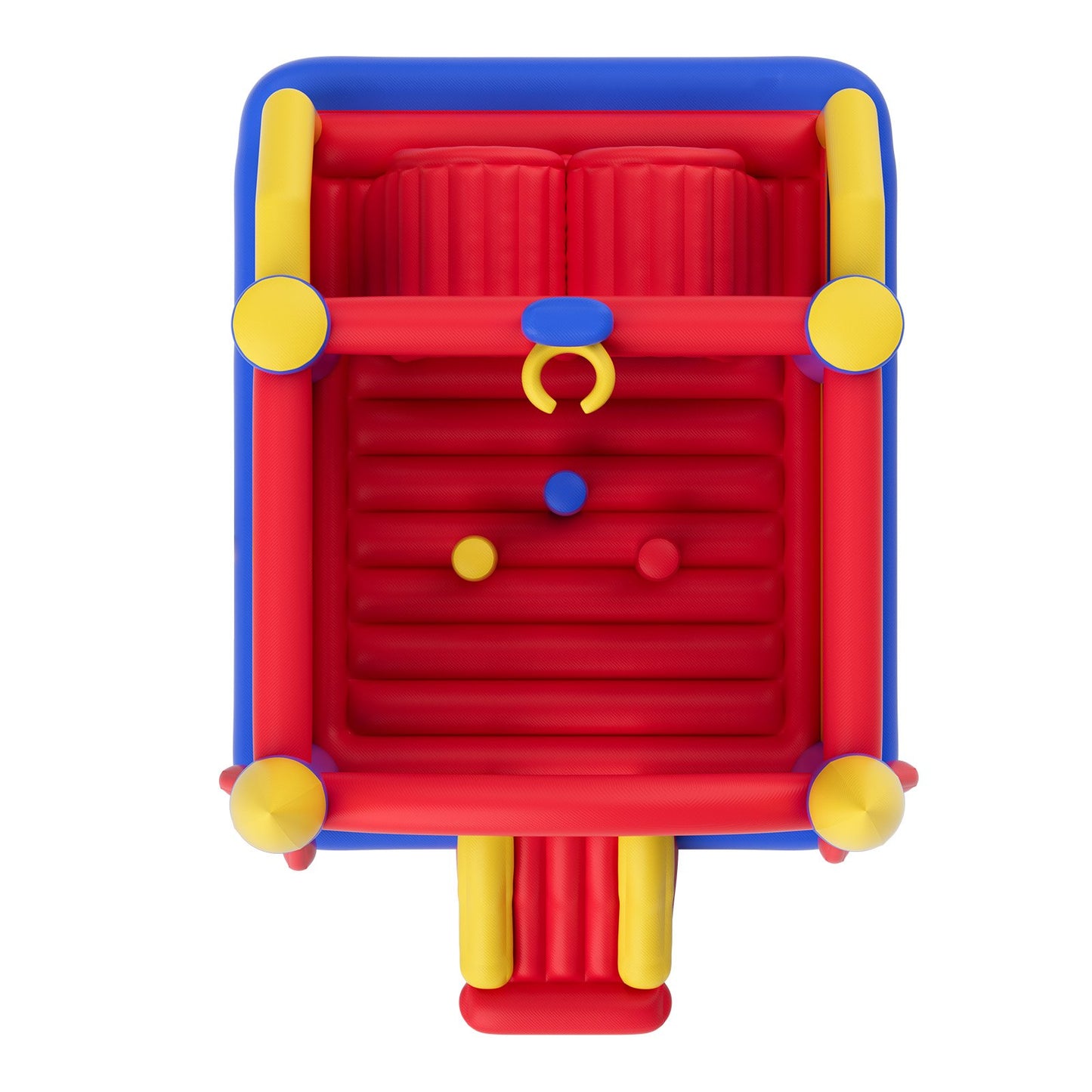Rocket-themed bouncy castle with blue, yellow, and red design, inflatable slide, and interior obstacles for safe kids' play