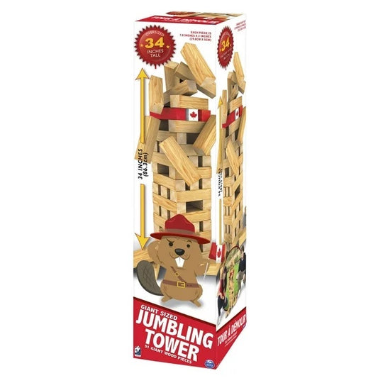 Giant jumbling tower game setup outdoors for guests to enjoy during a party or event