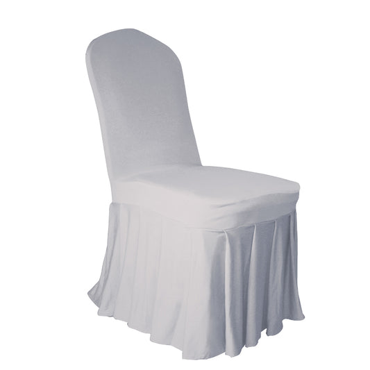 Skirt chair cover flat front in white stretch fabric for formal event seating
