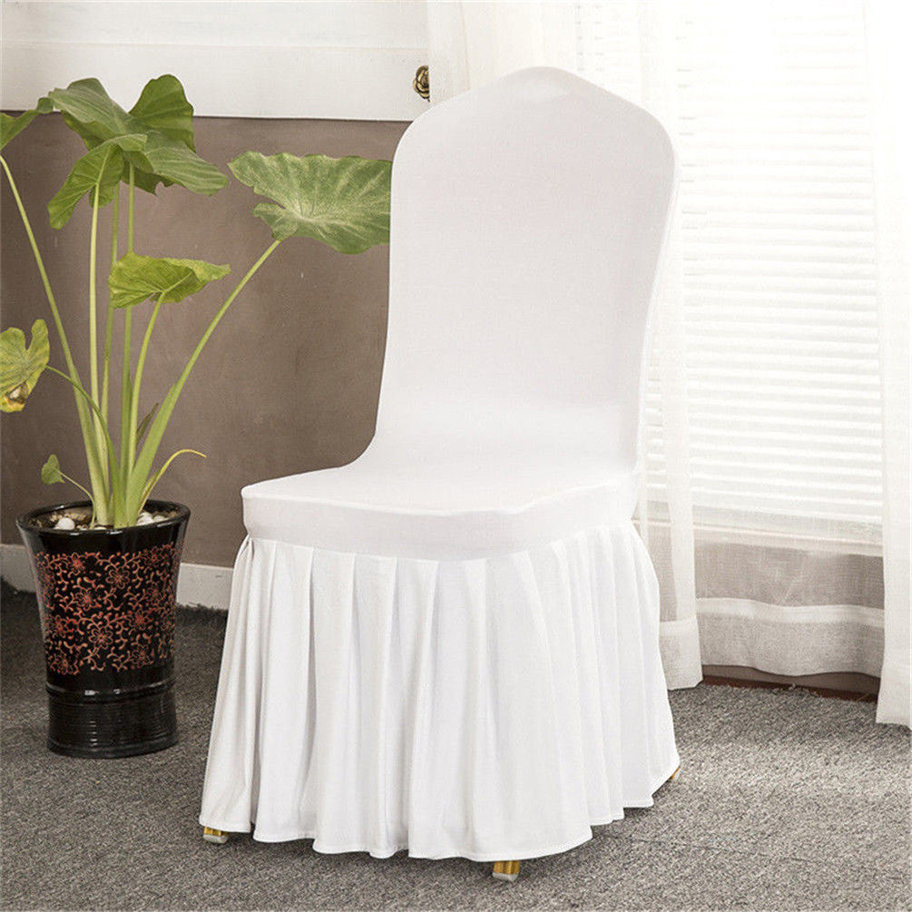 Skirt chair cover flat front in white stretch fabric for formal event seating