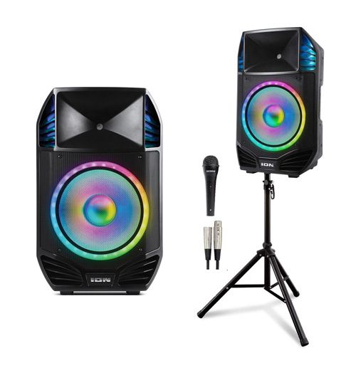 Speaker system with microphone and stand setup for event sound rental