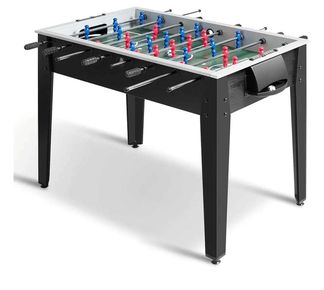 Foosball soccer table for events and parties, with players in action on a compact game board