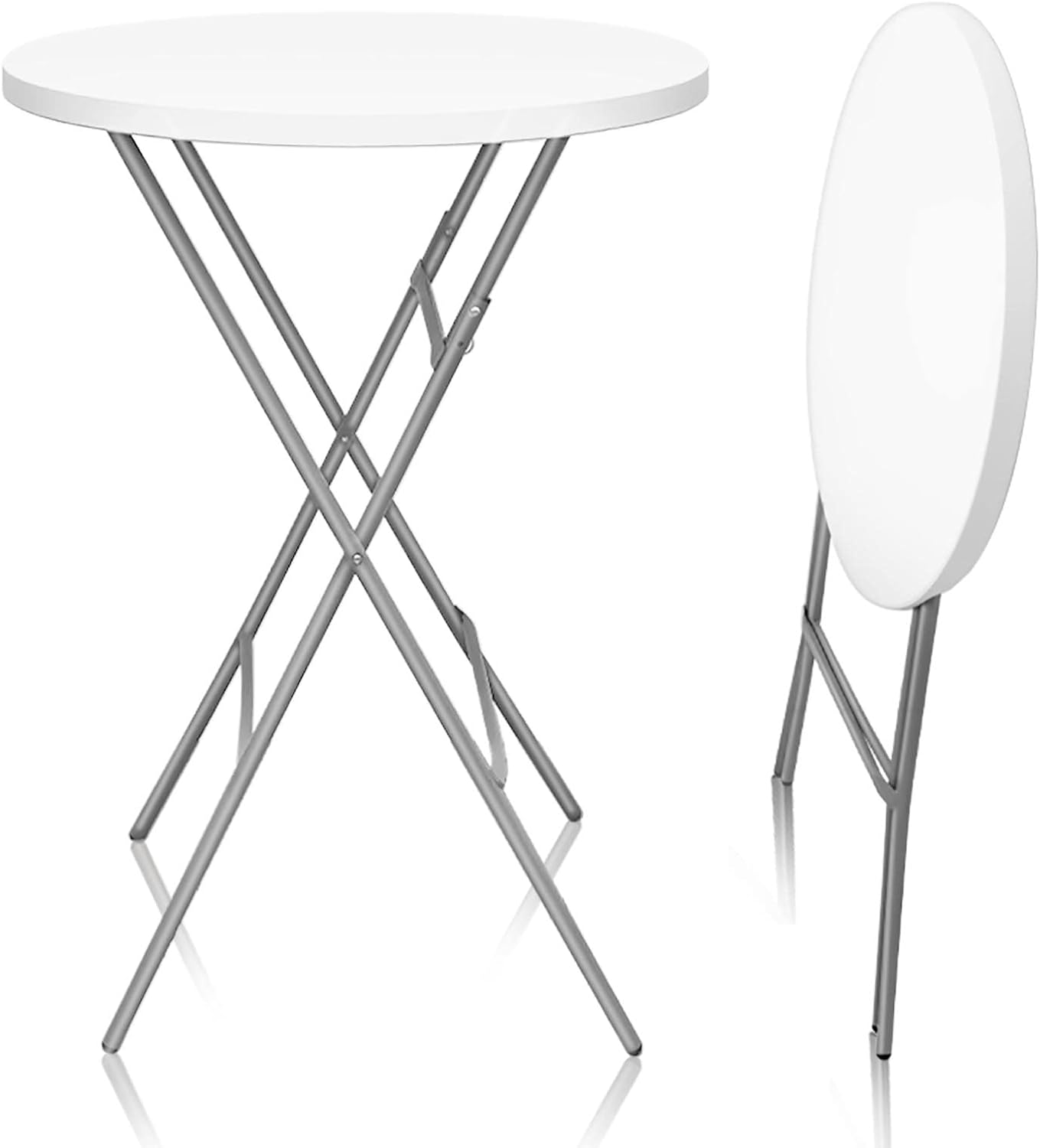 Cocktail folding table with round white plastic top and black folding legs for events and receptions