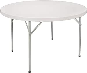 Round folding table with white plastic top and sturdy black metal legs for events