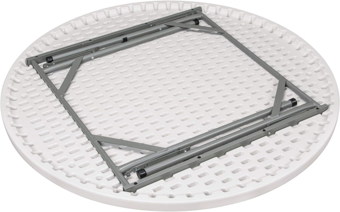 Round folding table with white plastic top and sturdy black metal legs for events