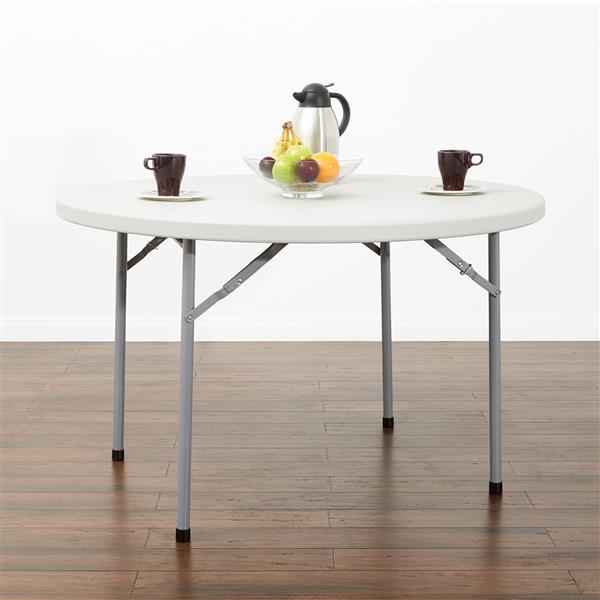 Round folding table with white plastic top and sturdy black metal legs for events