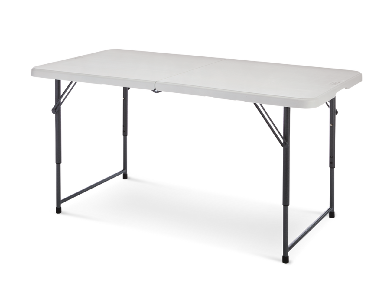 small folding 4 ft table for events white plastic with black frame