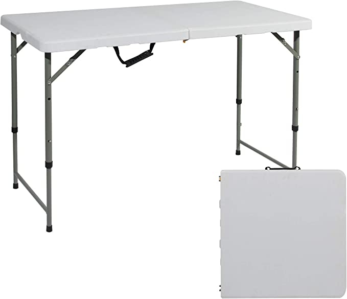 small folding 4 ft table for events white plastic with black frame