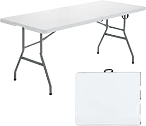 6 ft folding table with white plastic top and black metal frame for indoor and outdoor events