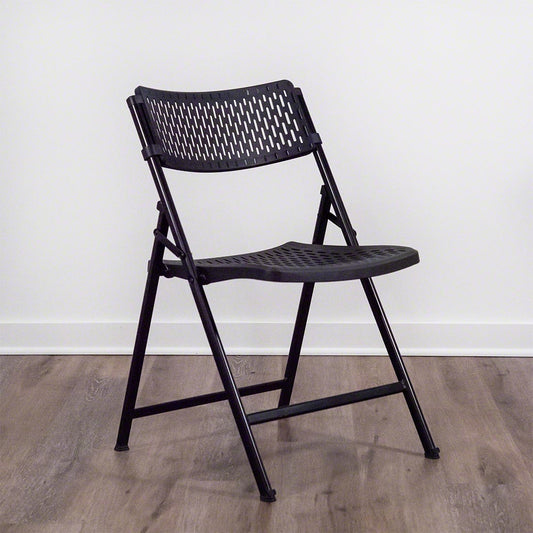 Folding black event chair with plastic seat and strong metal frame for indoor and outdoor use