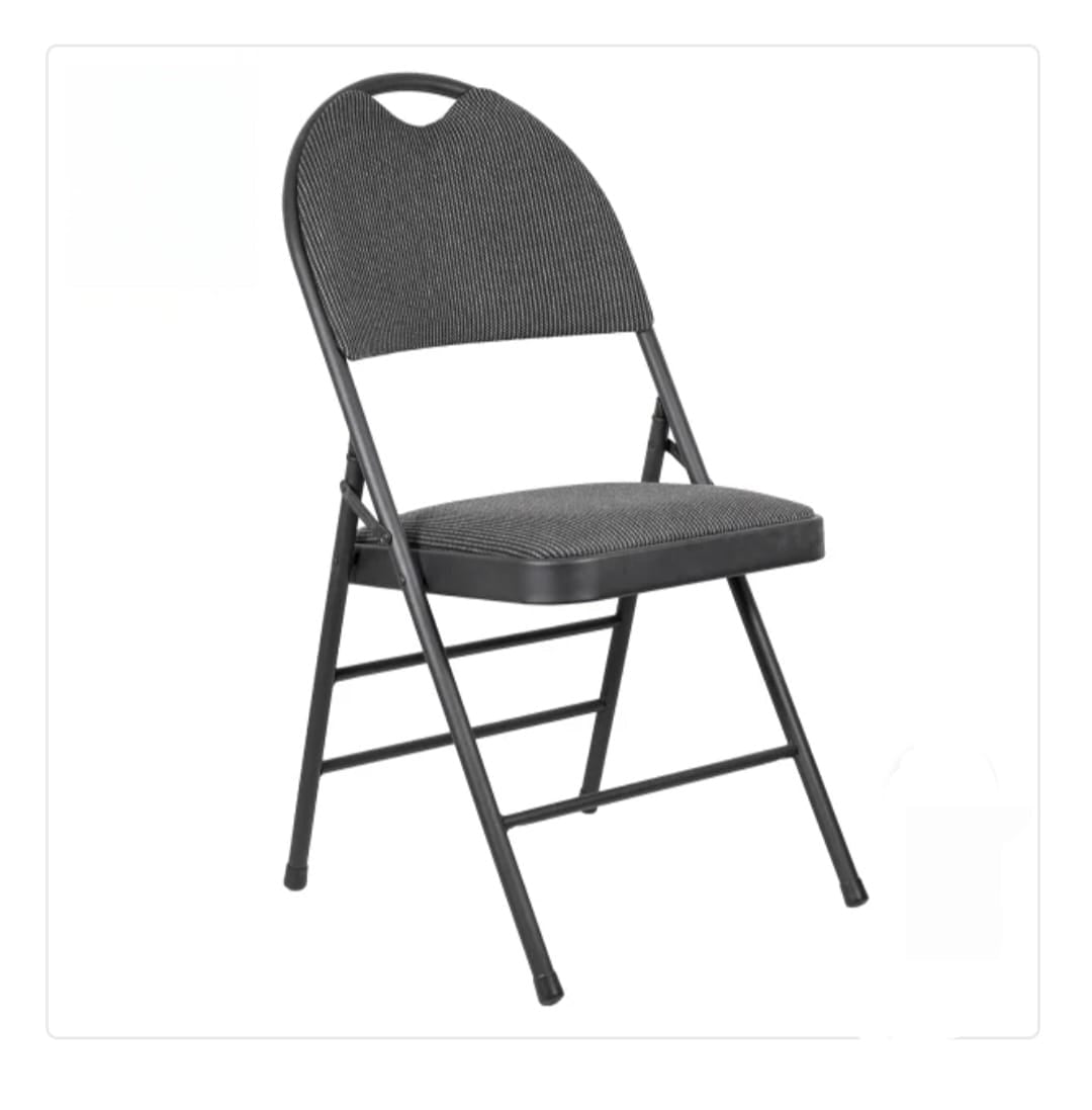 Folding black event chair with plastic seat and strong metal frame for indoor and outdoor use