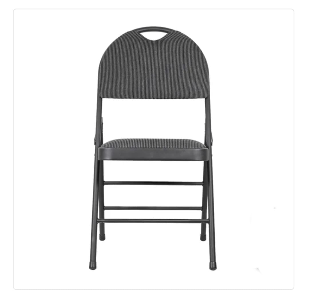 Folding black event chair with plastic seat and strong metal frame for indoor and outdoor use