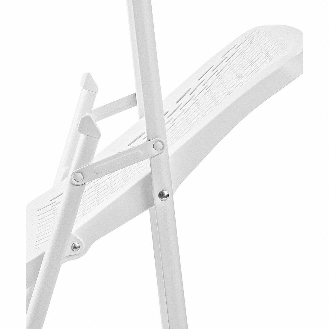 Folding white event chair with plastic seat and metal frame for indoor and outdoor seating